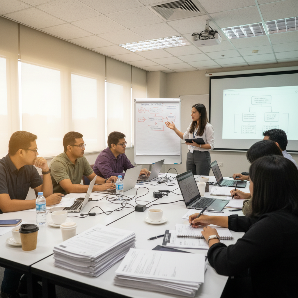 Facilitator leading a role-based AI workflow training session for office teams