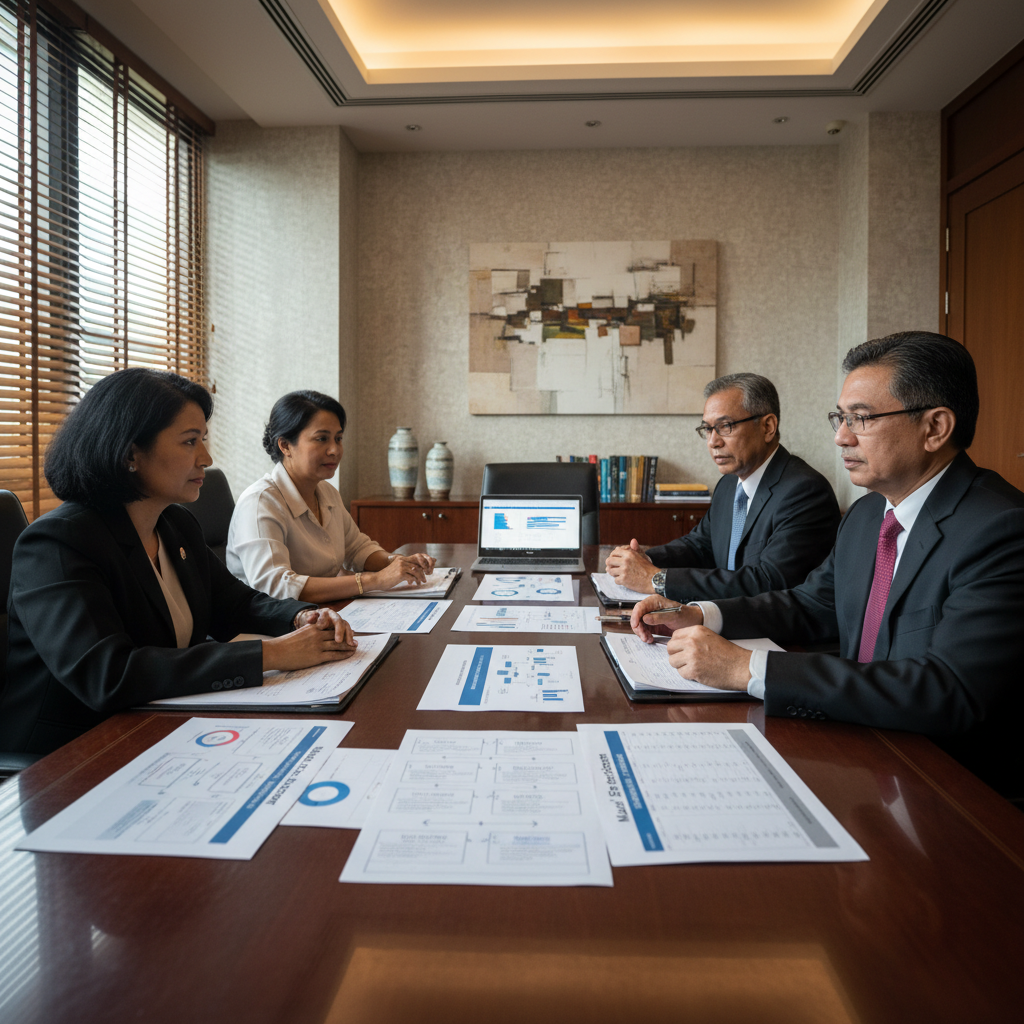 Senior Malaysian executives reviewing a staged AI adoption framework in a boardroom