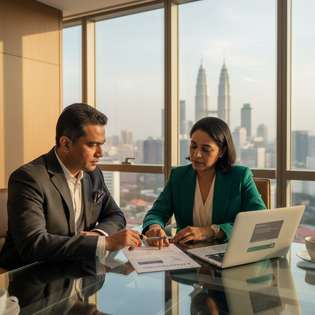 Two senior Malaysian professionals reviewing an AI strategy roadmap document in a modern Kuala Lumpur boardroom with a laptop showing a chatbot interface.