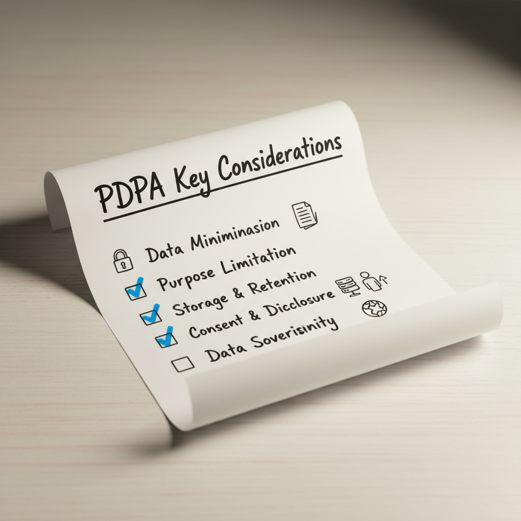 Hand-drawn paper checklist titled 'PDPA Key Considerations' for AI chatbot compliance in Malaysia covering six data privacy requirements.