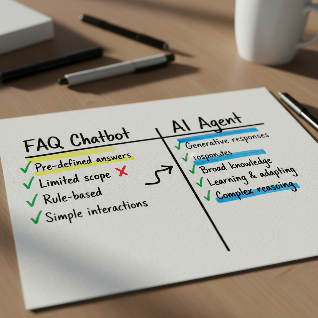 Hand-drawn comparison infographic showing FAQ chatbot versus AI agent differences with checkmarks and highlights