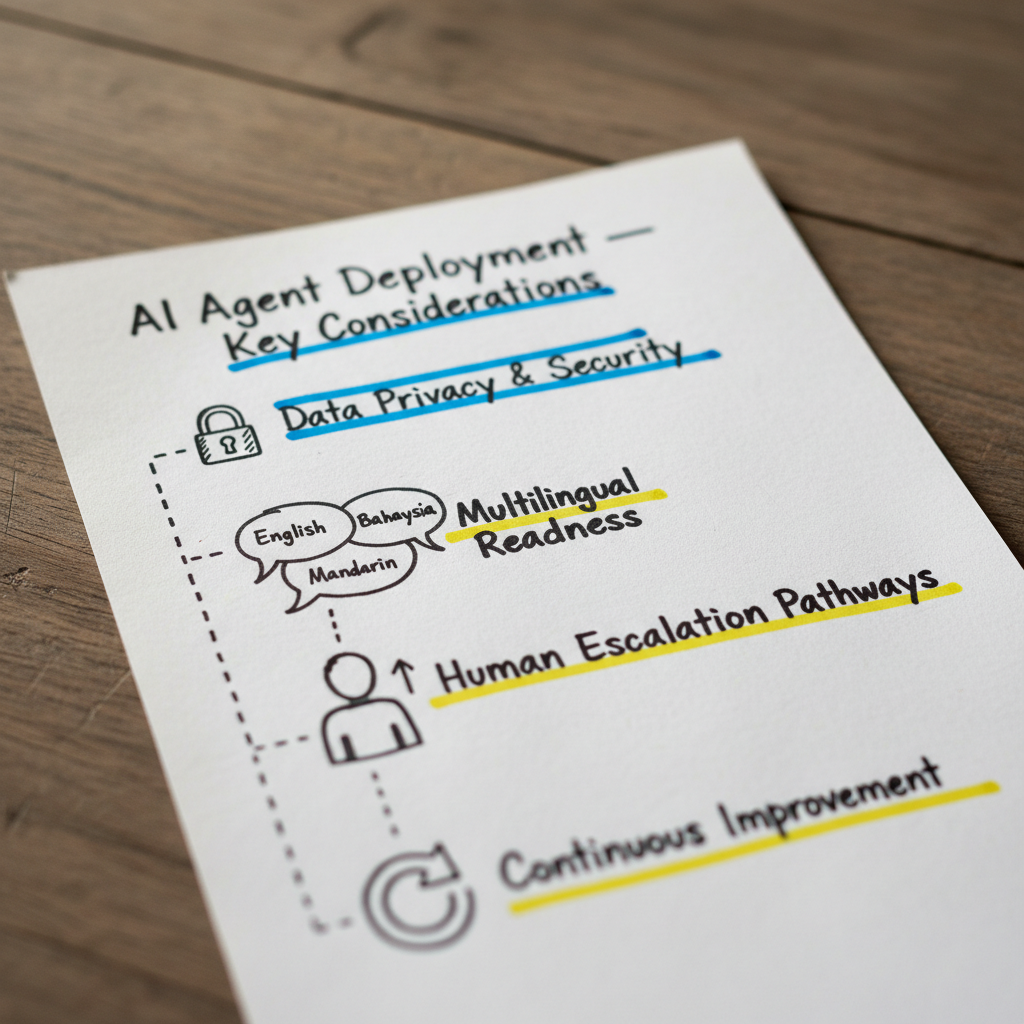 Hand-drawn infographic outlining four key considerations for deploying AI agents including data privacy, multilingual readiness, human escalation and continuous improvement