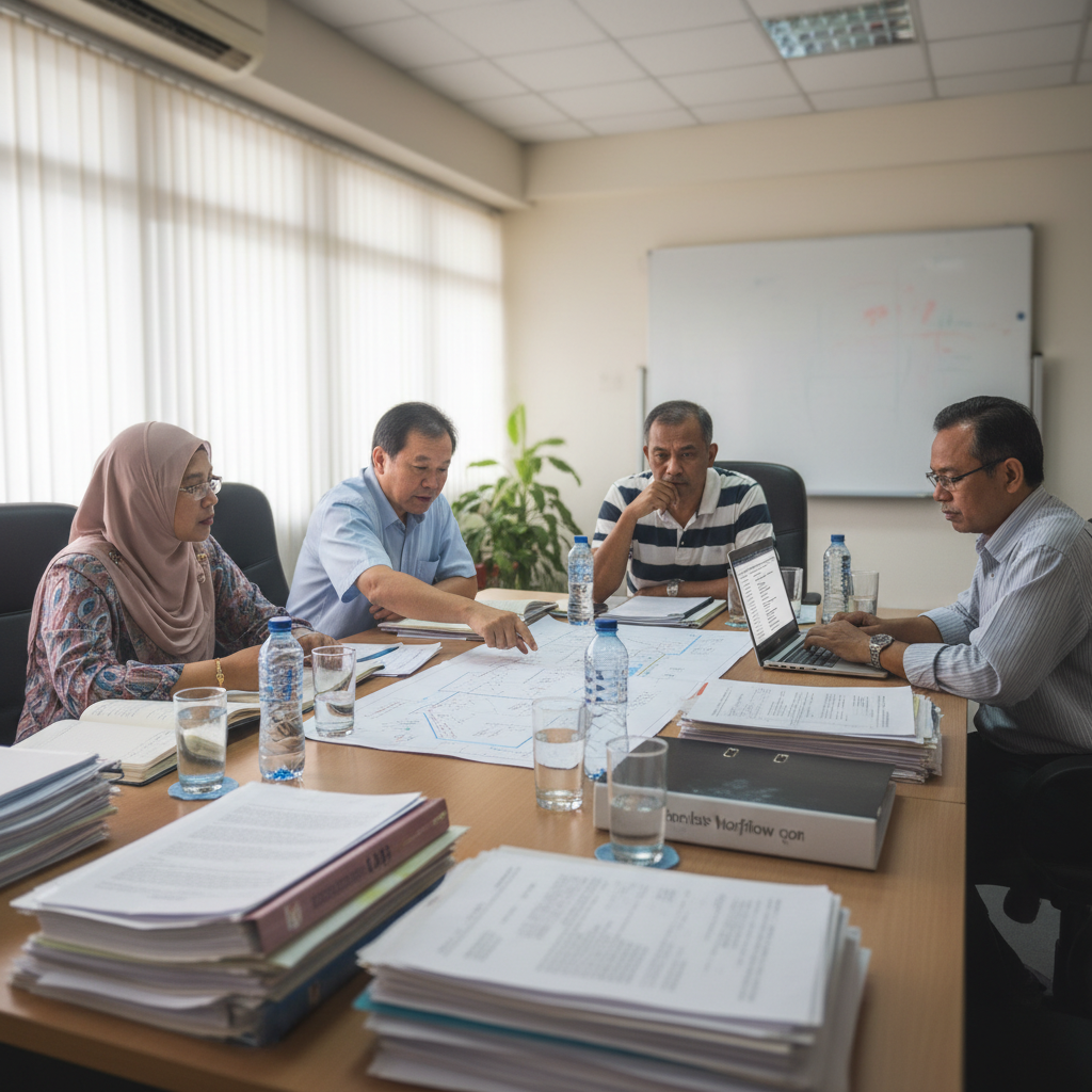 Malaysian and Indian professionals reviewing AI deployment documents and workflow logs in a regional enterprise meeting room