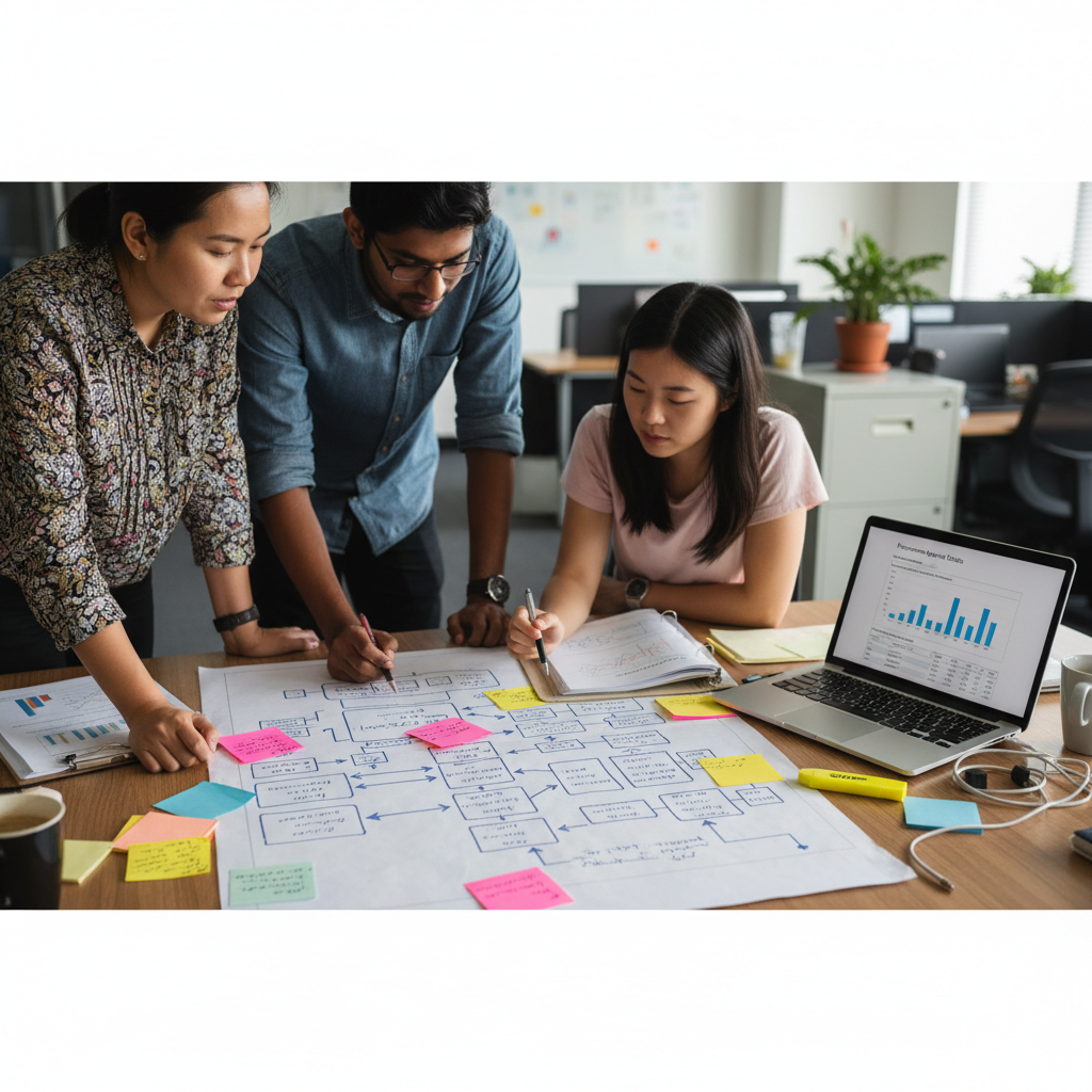 Team mapping a procurement approval workflow on paper with sticky notes, SOP pages and a laptop dashboard