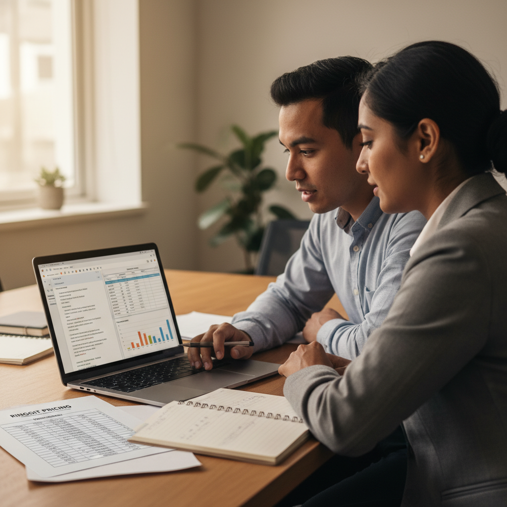 Malaysian account manager and finance analyst discussing ChatGPT-drafted content at a laptop in a meeting room.