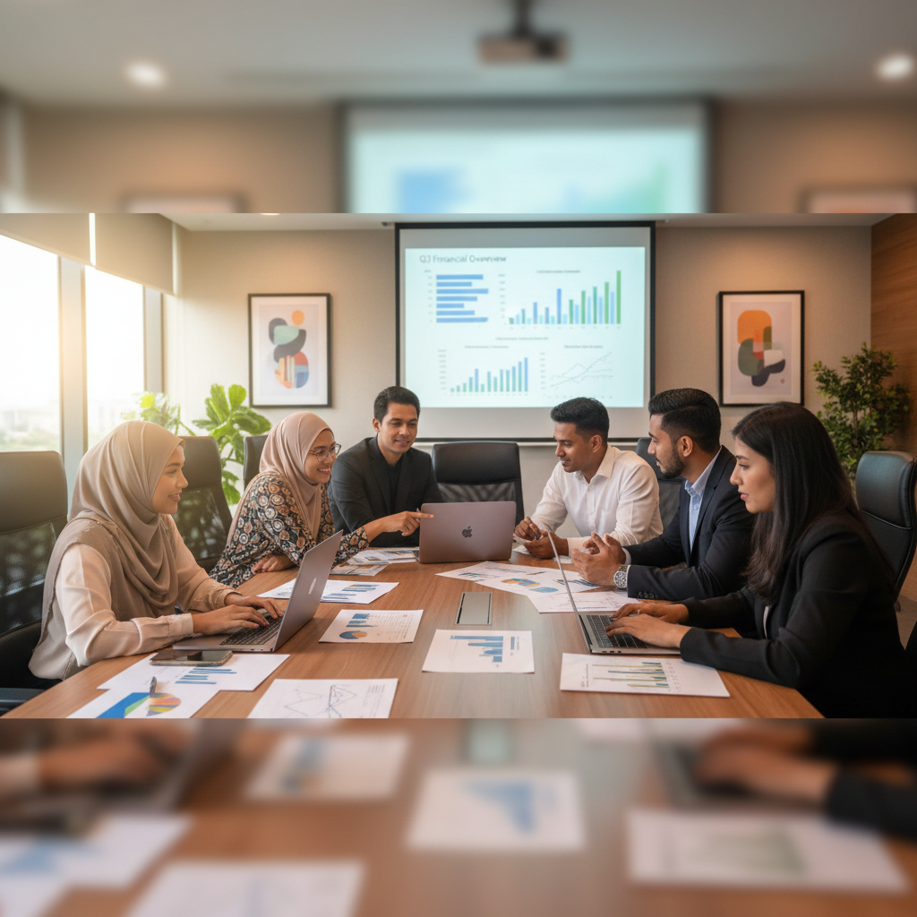 Finance professionals in a Malaysian training room reviewing financial reports and a data dashboard during an AI accounting course workshop.
