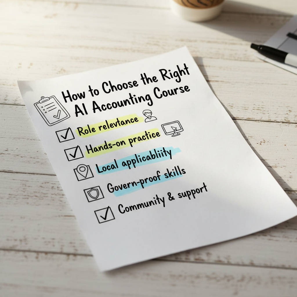 Hand-drawn checklist for choosing AI accounting courses with handwritten criteria and doodle icons on white paper.