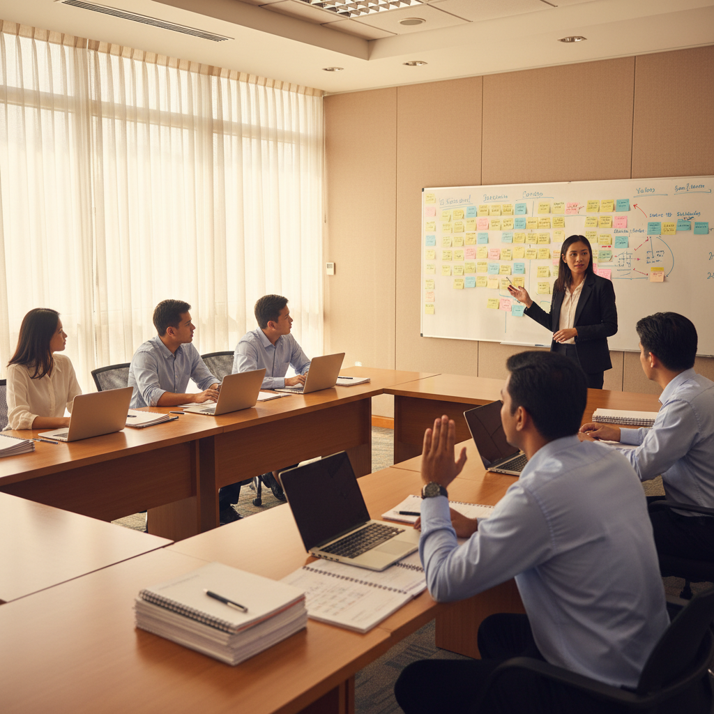 Corporate AI training session in Malaysia with a trainer at a whiteboard and professionals taking notes at laptops.