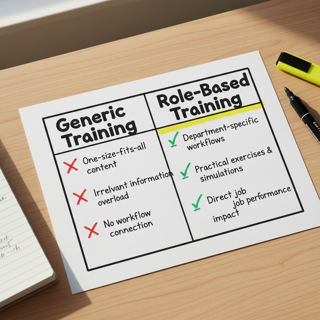 Hand-drawn comparison cheat sheet contrasting generic AI training against role-based AI training with checkmarks and cross marks.