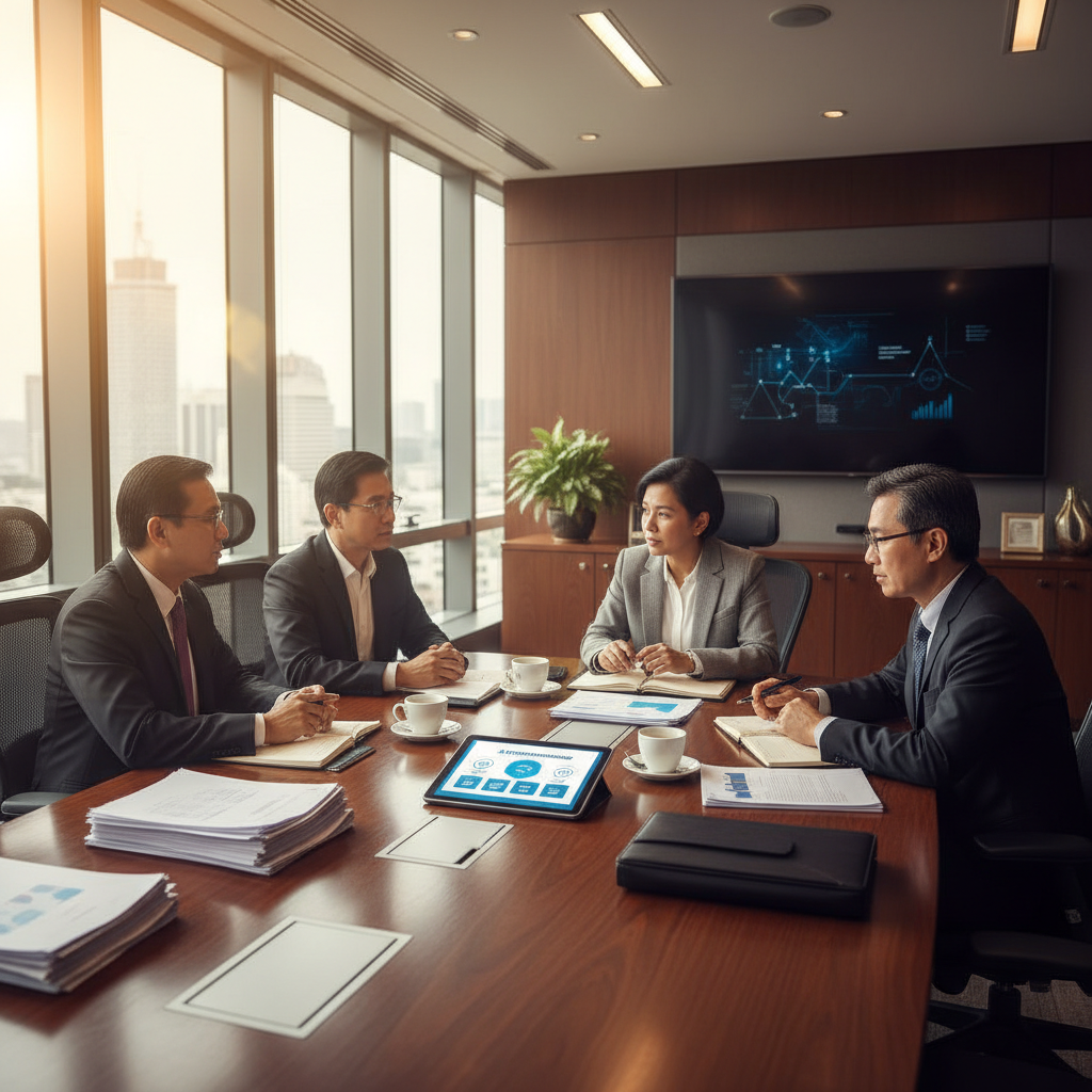 Four senior executives in a KL boardroom reviewing strategy papers and an AI adoption roadmap on a tablet during a candid meeting.