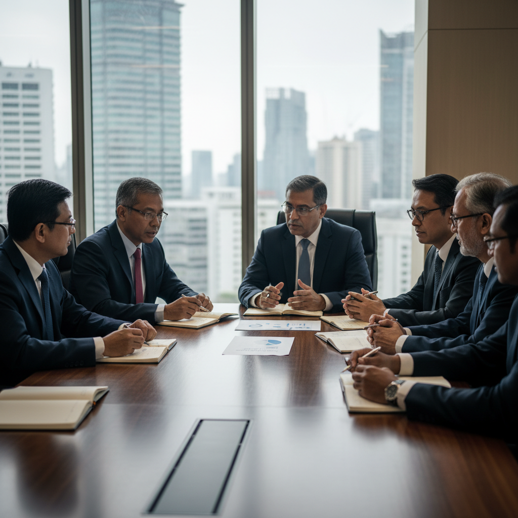 Malaysian executives in a serious consultative boardroom discussion reviewing AI adoption strategy papers