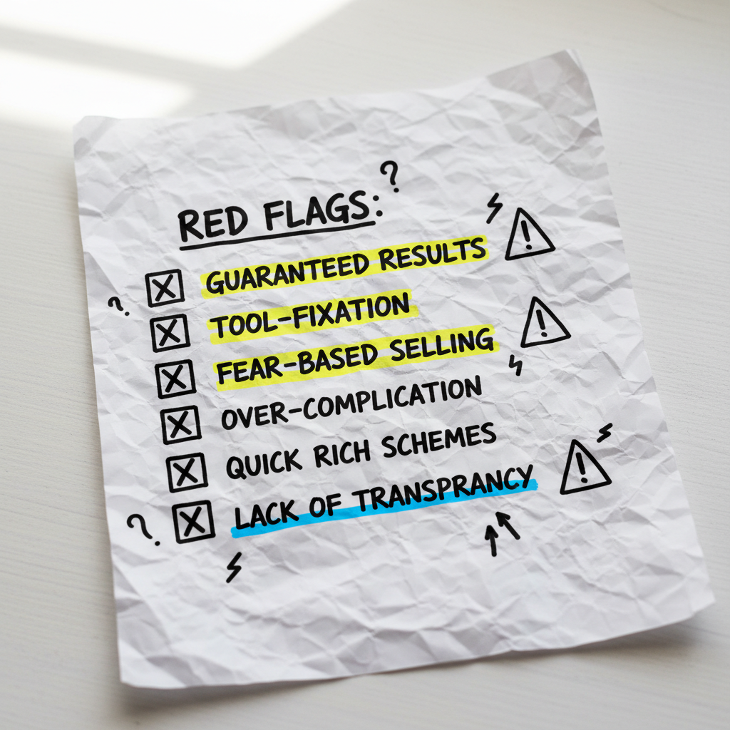 Hand-drawn paper checklist of red flags to avoid when hiring an AI business consultant
