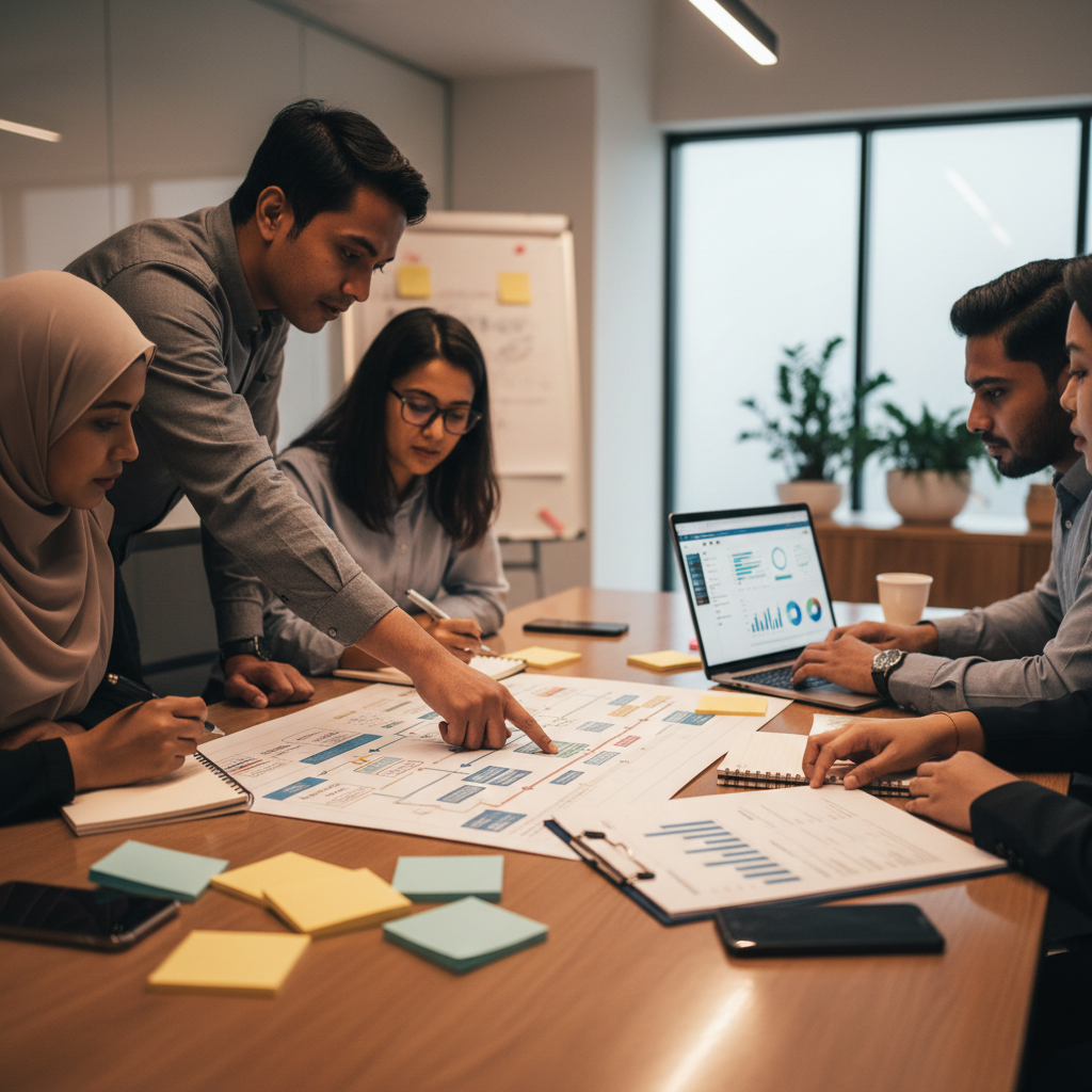 Professionals mapping role-based AI use cases to department workflows at a project working session.