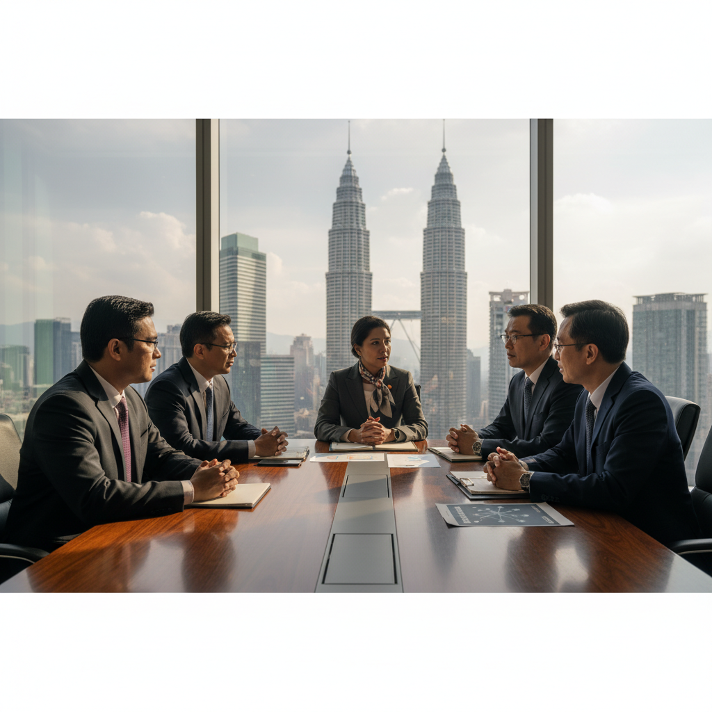 Senior executives in a boardroom reviewing AI strategy documents and roadmap papers during a leadership consultation session.