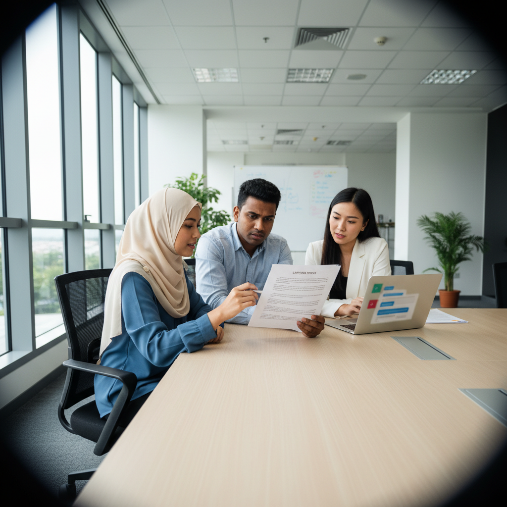 Malaysian colleagues reviewing a printed Malay-language document alongside an AI chat interface on a laptop in a bright office.