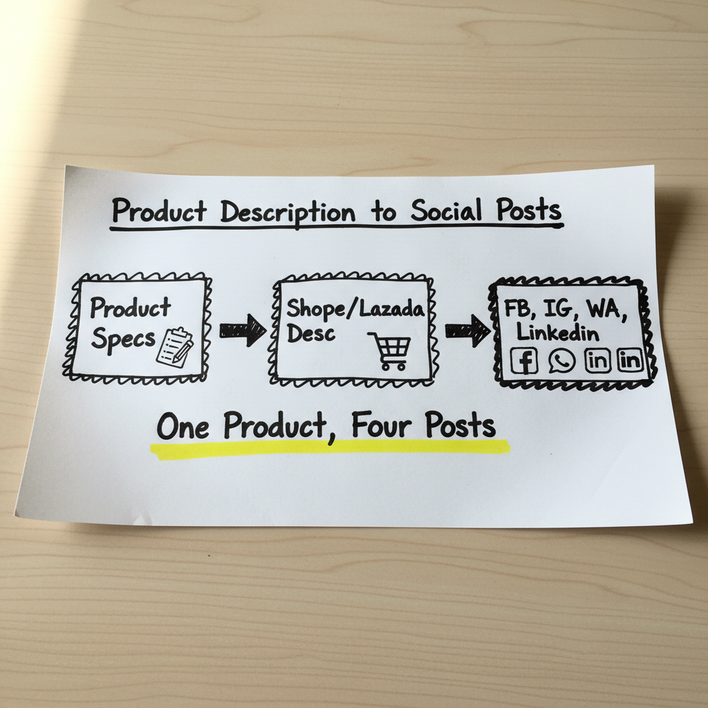 Hand-drawn process flow showing how ChatGPT repurposes product specifications into social media content for Shopee, Lazada, Facebook, Instagram and LinkedIn