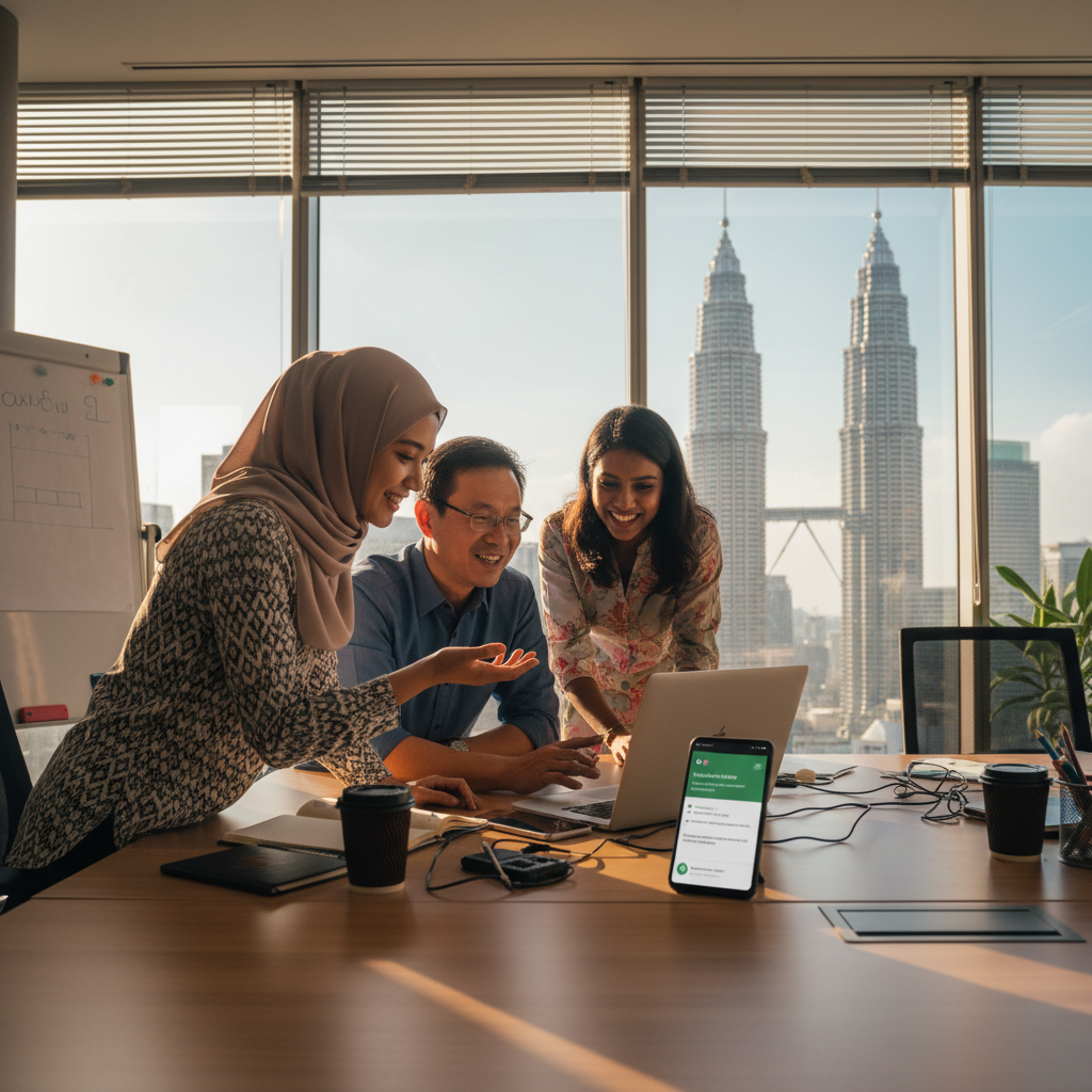 Diverse Malaysian business team collaborating around a laptop in a modern Kuala Lumpur office with city skyline view
