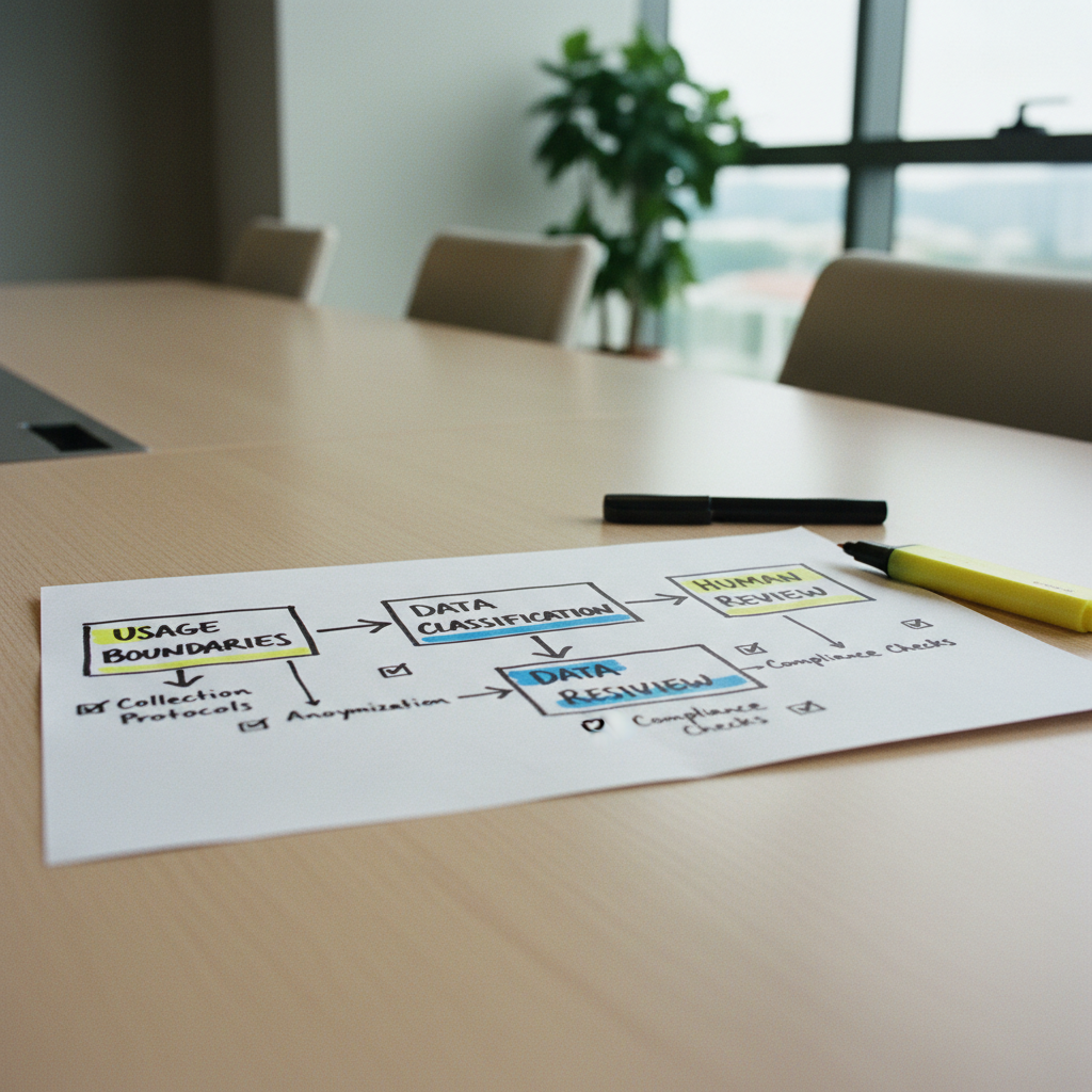 Hand-drawn paper infographic outlining responsible AI governance steps with marker boxes and checkmarks.