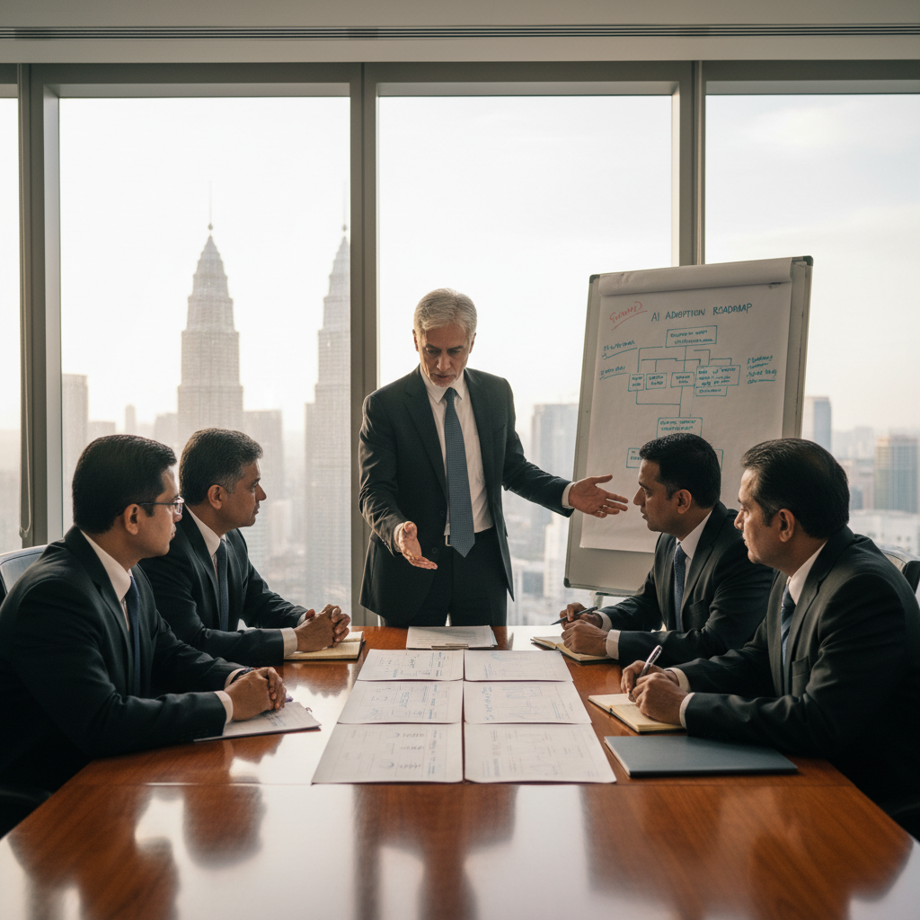 Senior Malaysian executives in a premium boardroom discussing an AI adoption roadmap with consultants.