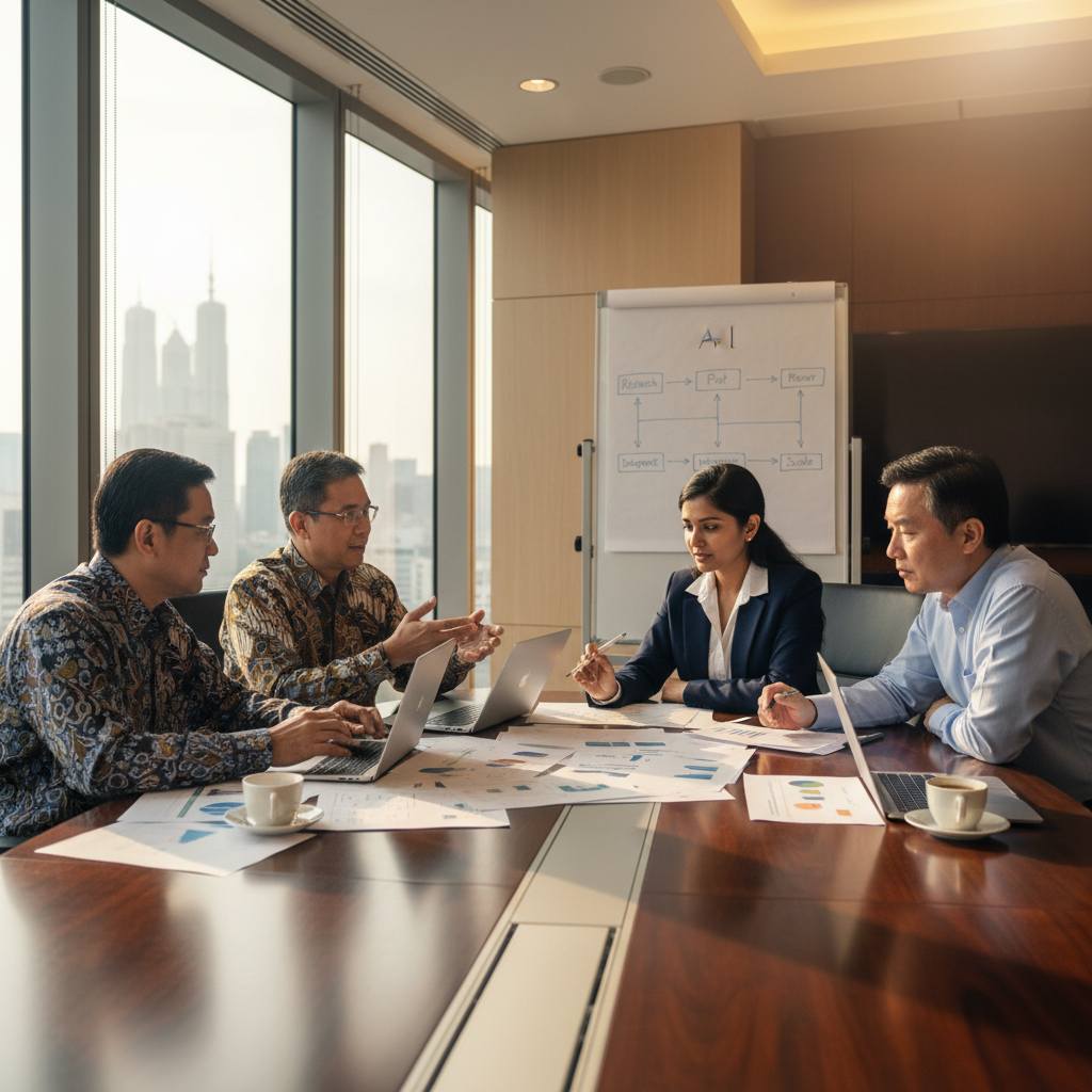 Four senior Asian professionals in a Kuala Lumpur boardroom discussing AI strategy with documents and a whiteboard roadmap