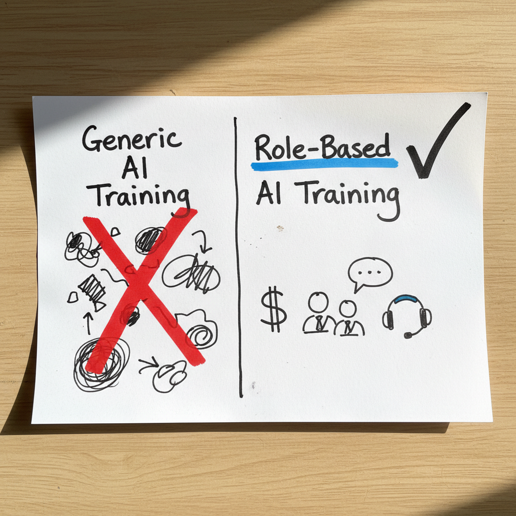 Hand-drawn comparison infographic contrasting generic AI training versus role-based AI training with checkmarks and doodle icons.