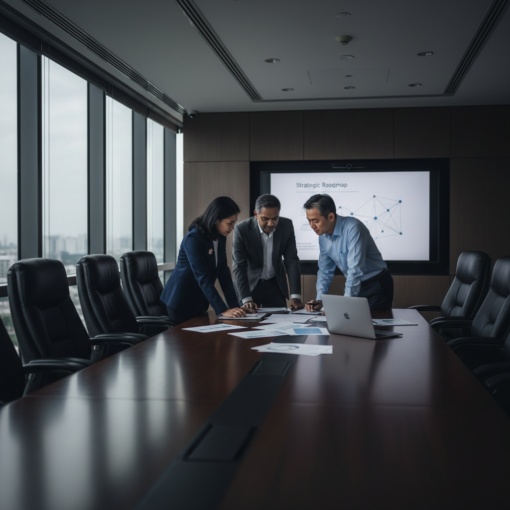 Three senior Malaysian professionals in a premium boardroom having a candid strategy discussion around a laptop and papers.