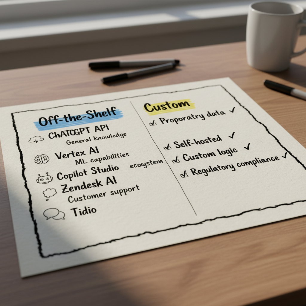Hand-drawn comparison infographic listing off-the-shelf AI chatbot platforms versus custom chatbot solutions with key differences