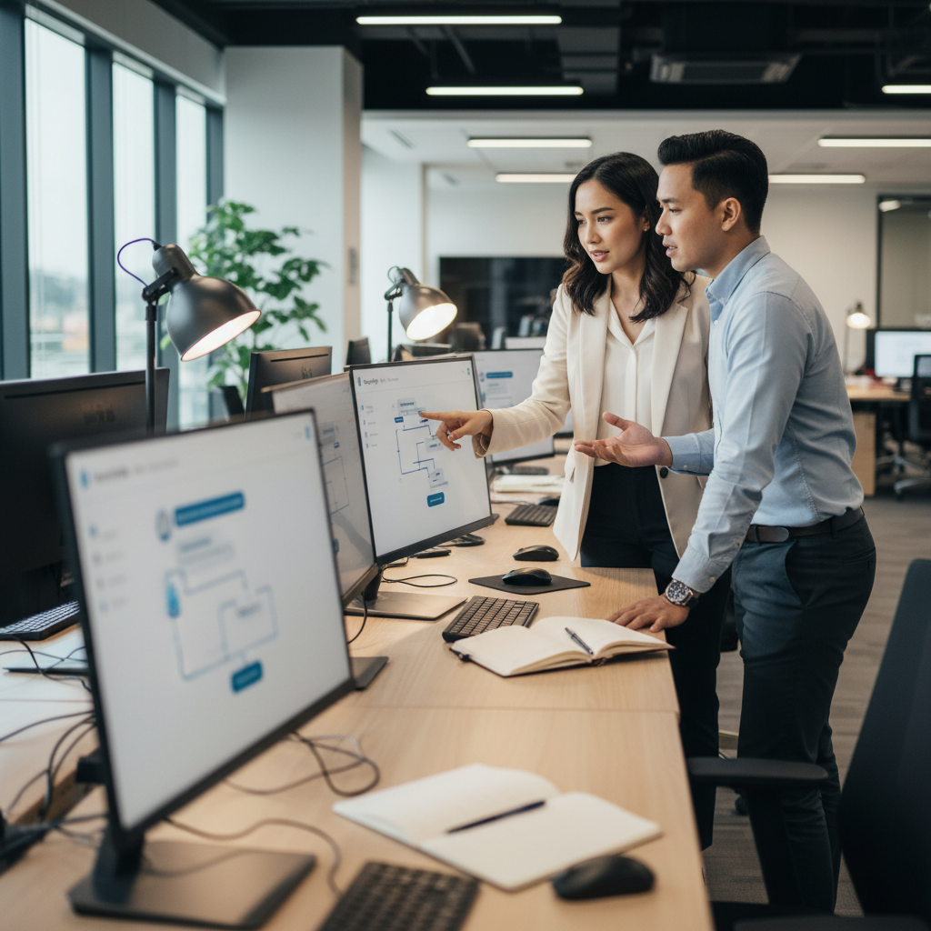 Malaysian customer service team discussing AI chatbot enquiry flow on a monitor in a modern open-plan office