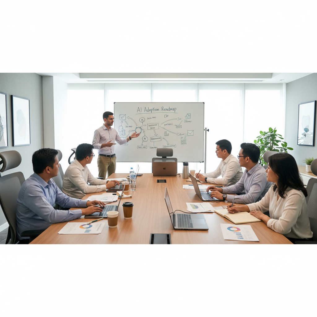 AI training workshop in a Malaysian corporate training room with professionals working hands-on at laptops