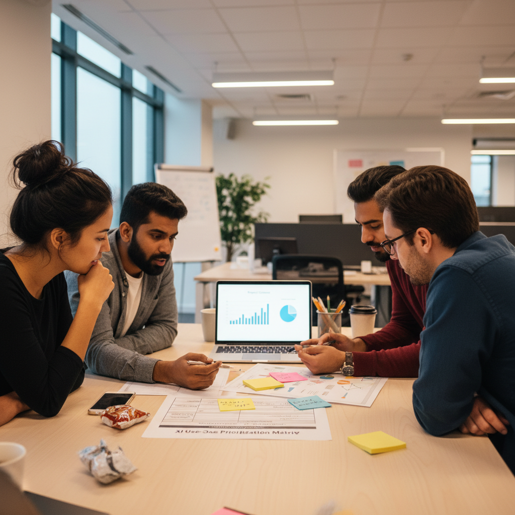 Business team in Malaysia discussing AI use cases around a project table with sticky notes and laptops