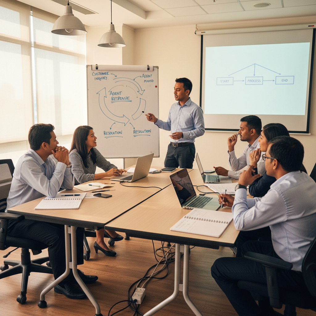 Corporate AI training session in Malaysia with a trainer and professionals at laptops around a conference table with a whiteboard