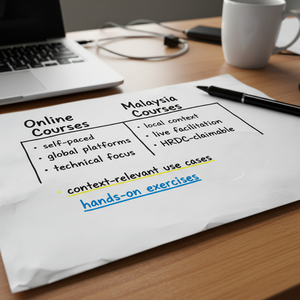 Hand-drawn comparison cheat sheet contrasting online AI agents courses versus Malaysia-based programmes