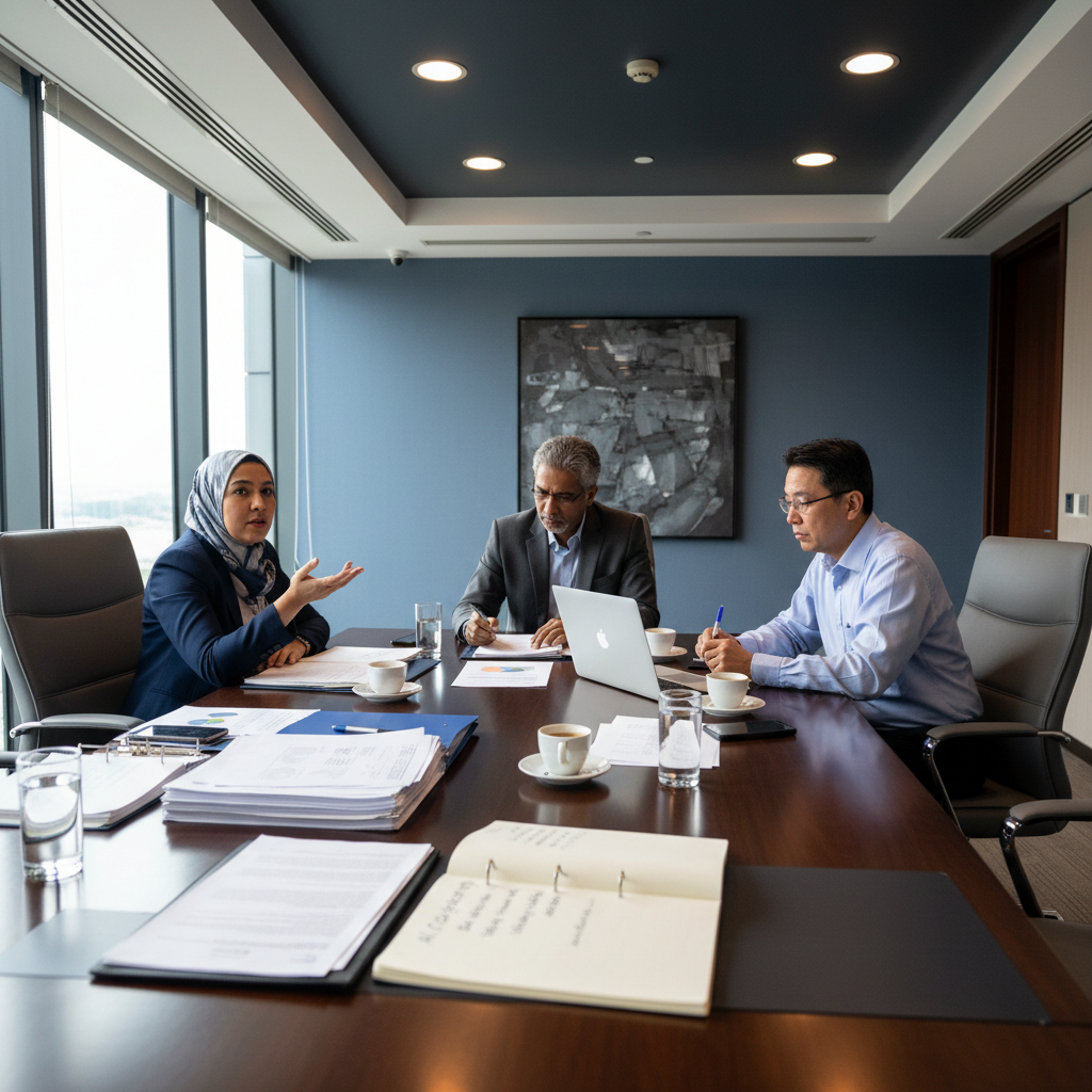 Senior Malaysian professionals in a modern boardroom having a strategic discussion about AI adoption with papers and laptop on the table.