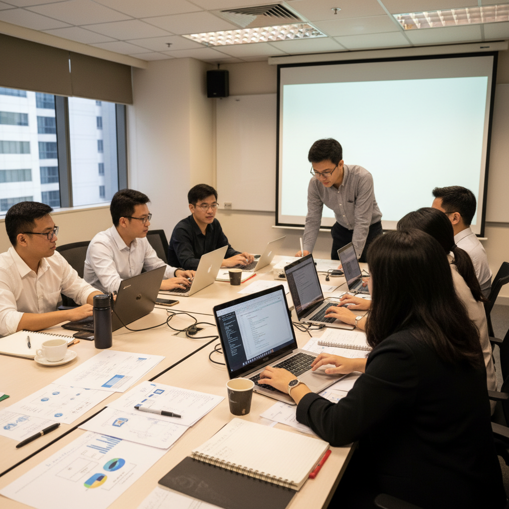 Facilitator coaching professionals on real tasks during a role-based AI training workshop