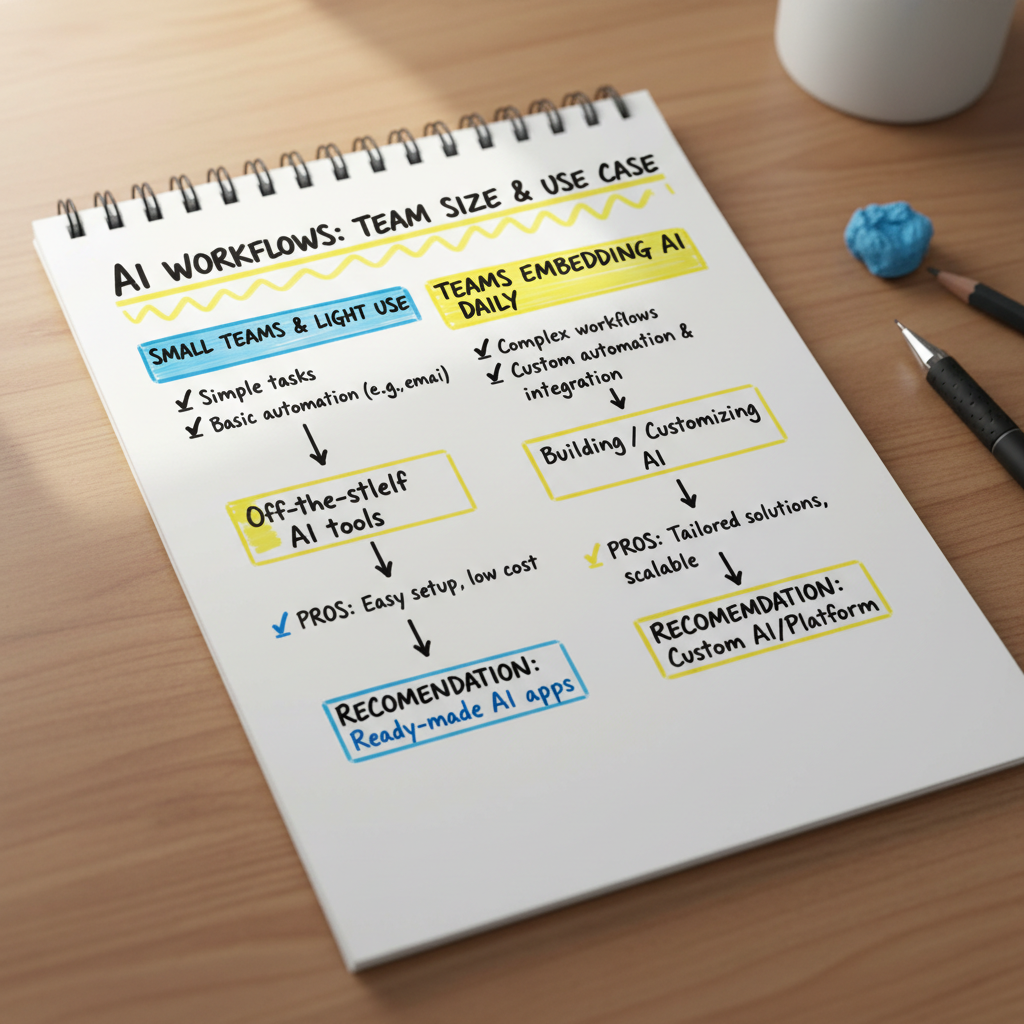 Hand-drawn comparison cheat sheet matching ChatGPT free versus paid plans to team size and daily AI use.