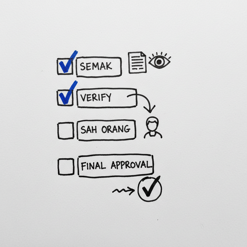 Hand-drawn paper checklist of four steps for using Malay AI output responsibly: context, review tone, verify facts, keep human review