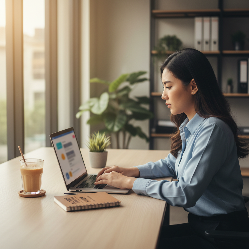 Malaysian customer service professional drafting a reply at a desk with a laptop and notepad in natural office light