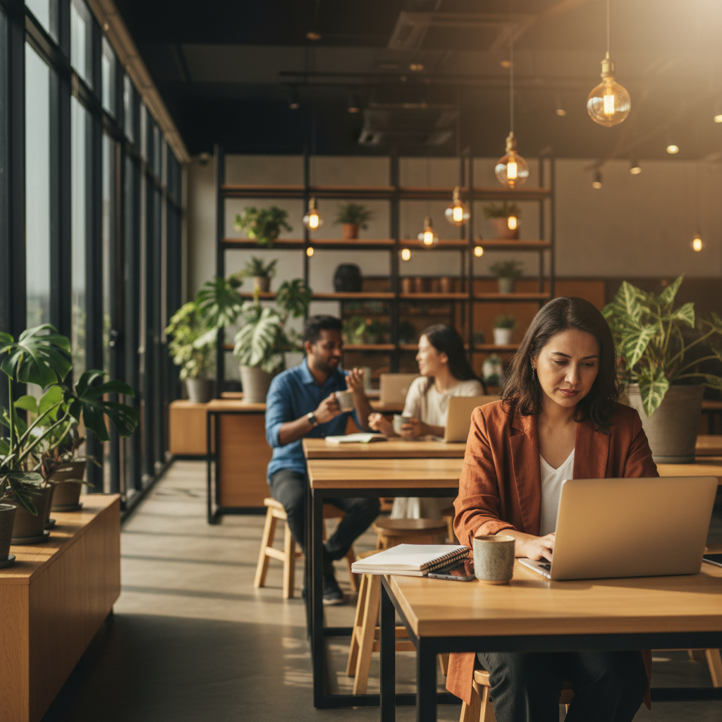 Professional Malay woman working on a laptop at a modern Malaysian café with colleagues blurred in background.