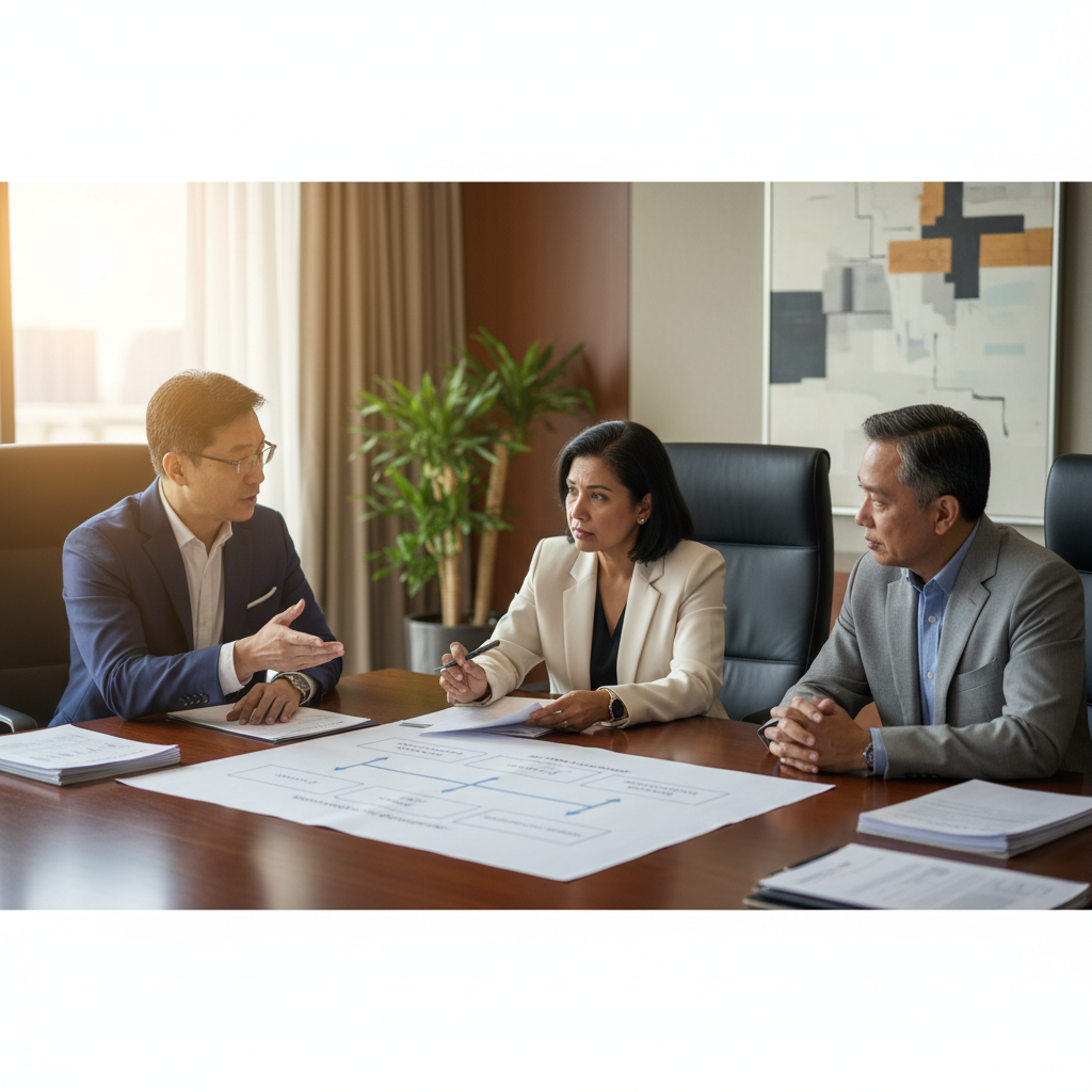 Three senior executives reviewing AI adoption strategy papers in a modern boardroom meeting
