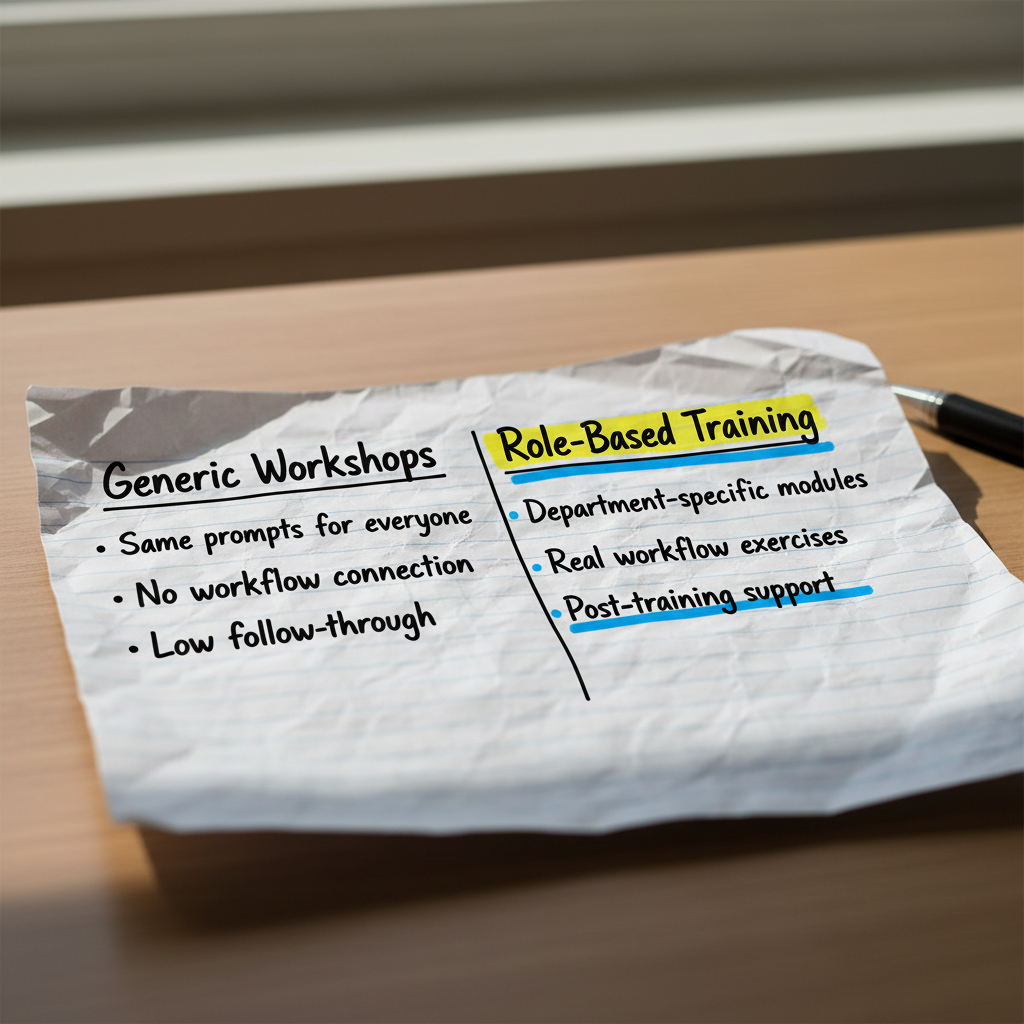 Hand-drawn comparison cheat sheet contrasting generic AI workshops with role-based AI training across three criteria