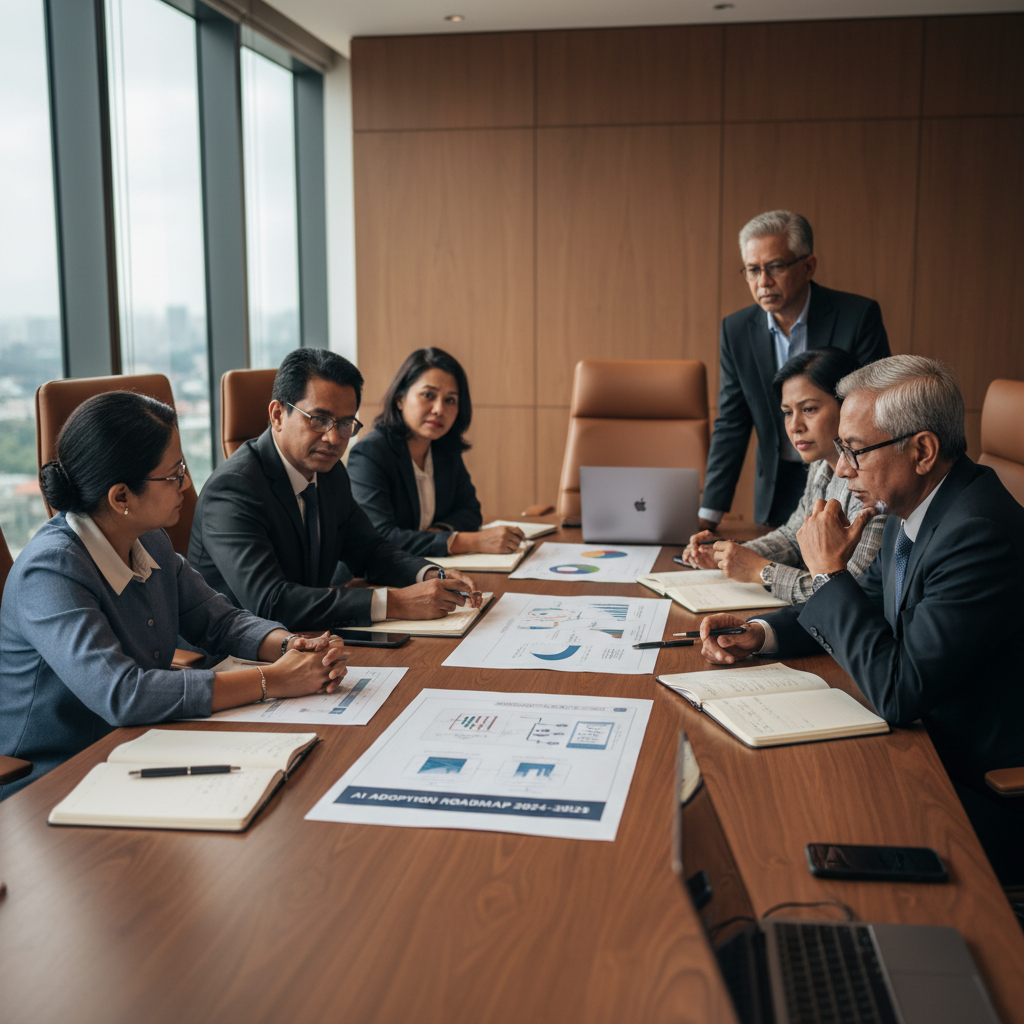 Senior Malaysian professionals reviewing an AI adoption roadmap during a strategy discussion in a premium boardroom