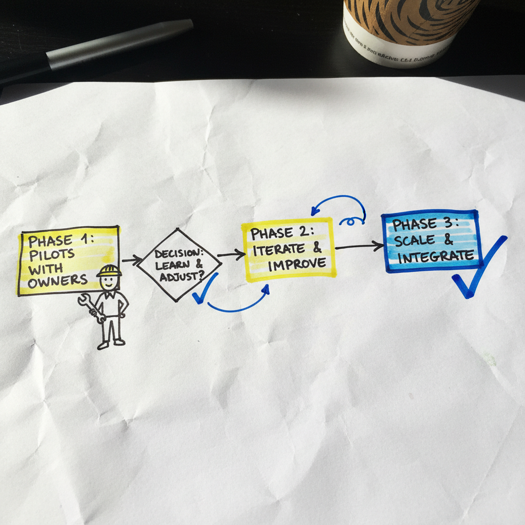 Hand-drawn process flow showing a phased AI rollout from pilot to learning to scaling