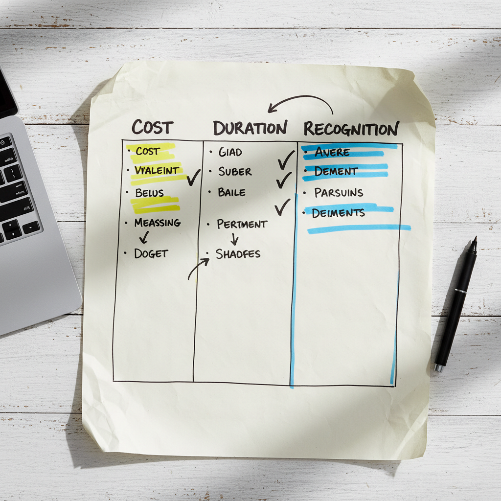 Hand-drawn comparison cheatsheet comparing AI certification courses by cost, duration and recognition.