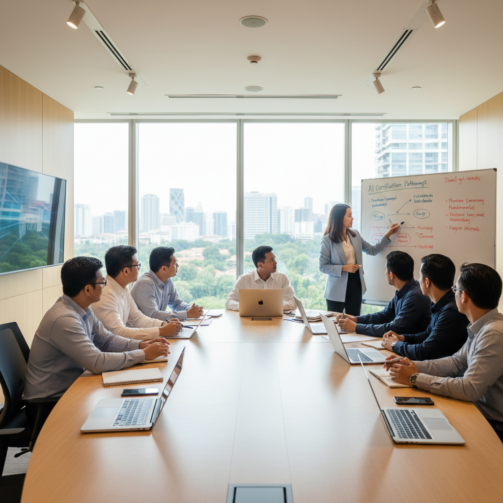 Corporate AI training workshop in Malaysia with professionals and a facilitator discussing AI certification courses.