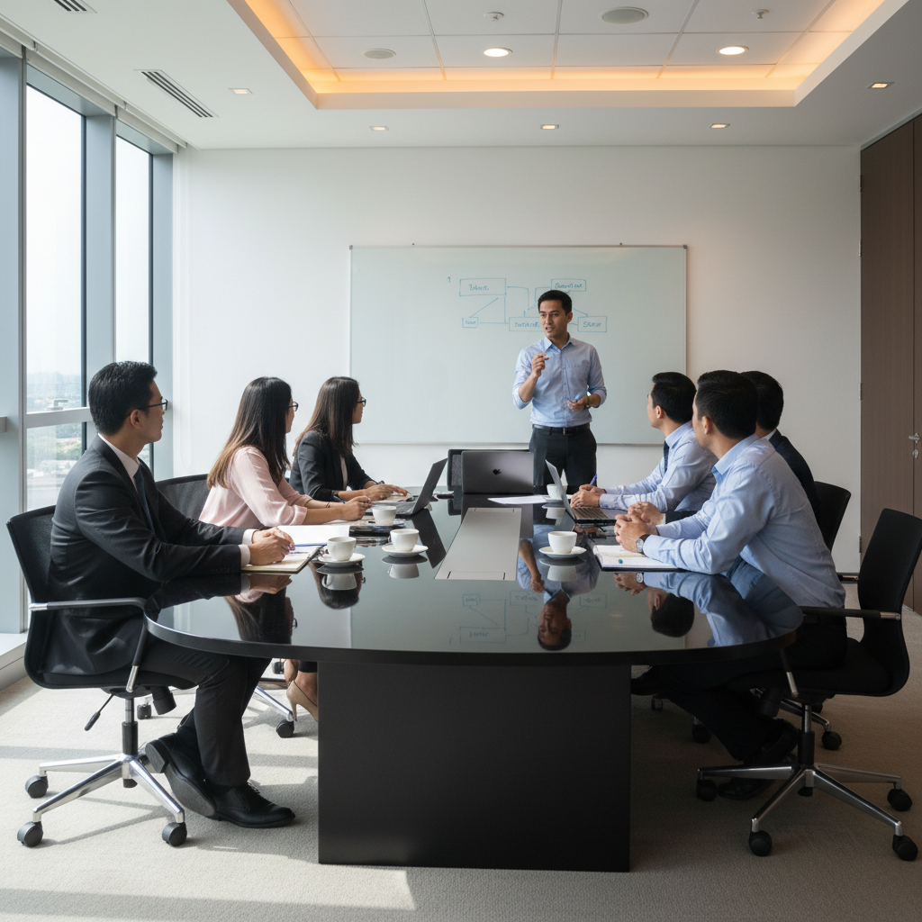Corporate AI training workshop in Malaysia with trainer and professionals around a meeting table and whiteboard