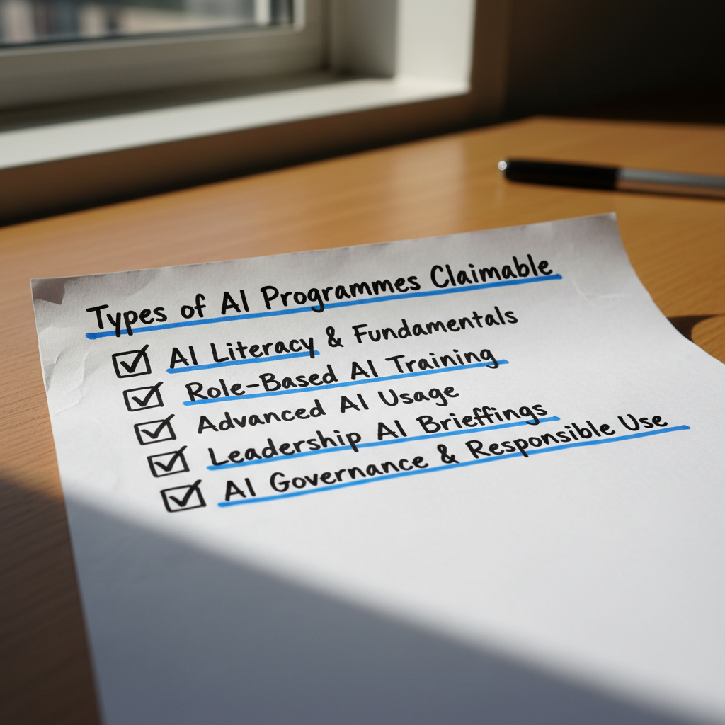 Hand-drawn infographic listing five types of HRDC claimable AI training programmes
