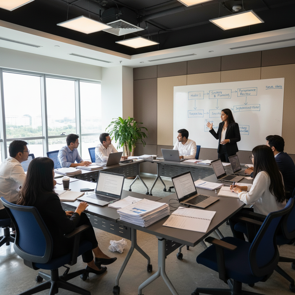 Corporate training session with diverse professionals and a facilitator at a whiteboard in a modern Malaysian office training room.