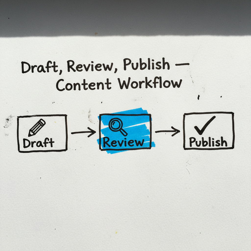 Hand-drawn paper infographic showing a three-step content workflow: draft, review and publish for media teams.