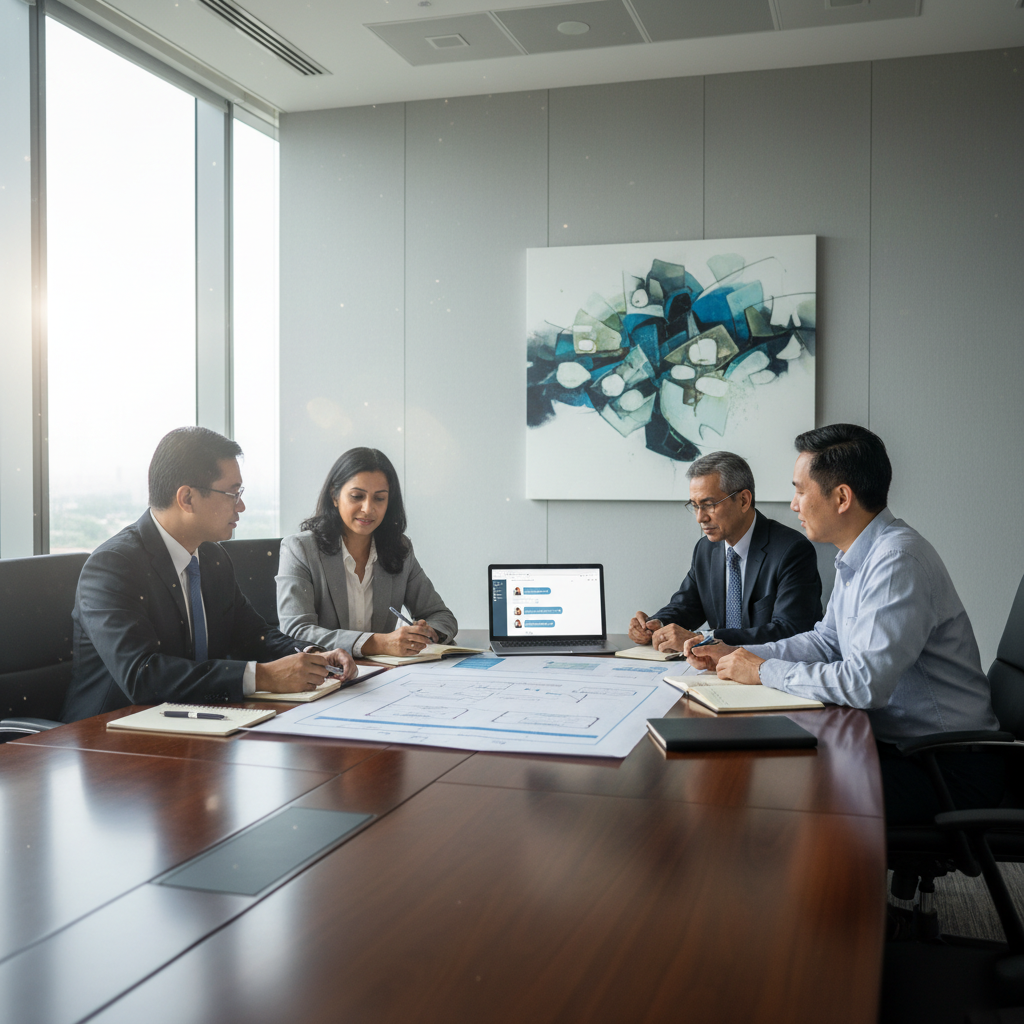 Senior Malaysian professionals in a boardroom reviewing AI workflow documents and a laptop dashboard together.