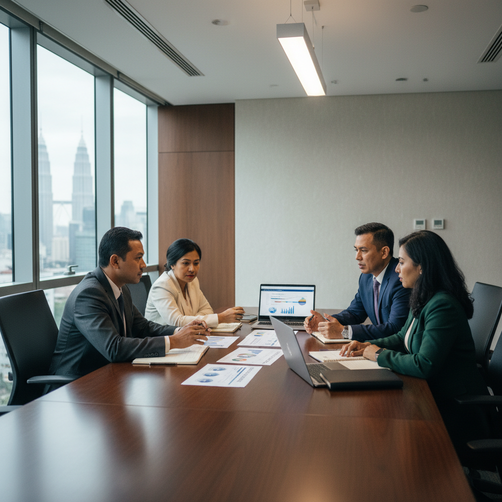Senior Malaysian executives reviewing an AI adoption roadmap strategy documents in a Kuala Lumpur boardroom